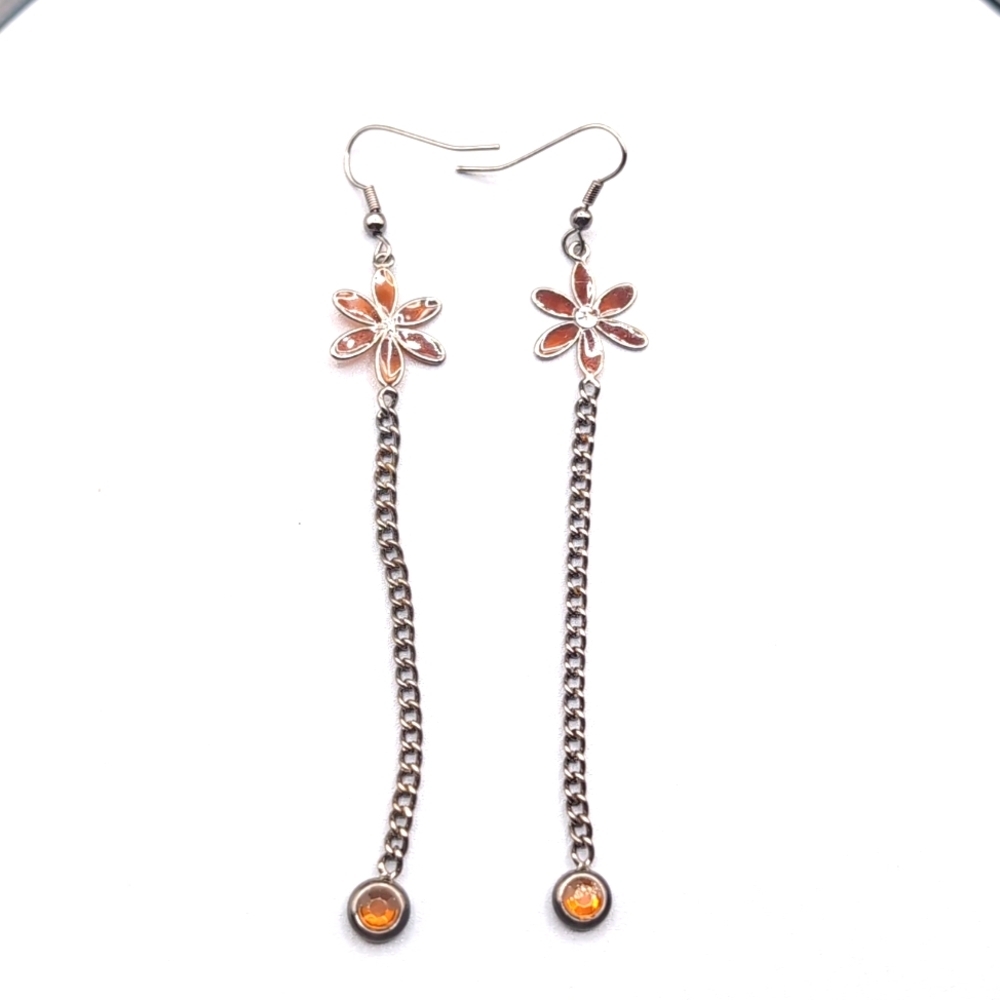 Silver Toned Long Drop Dangle Hook Earrings With Brown Tinted Glass Flower Focus